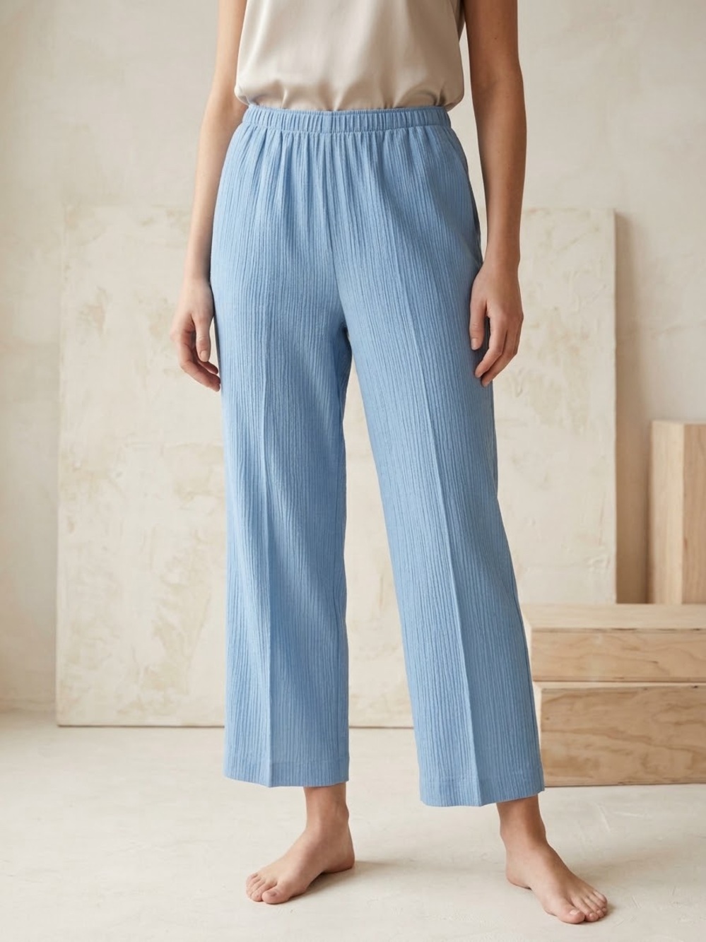 Alia Light Blue Crinkle Wide-Leg Pants